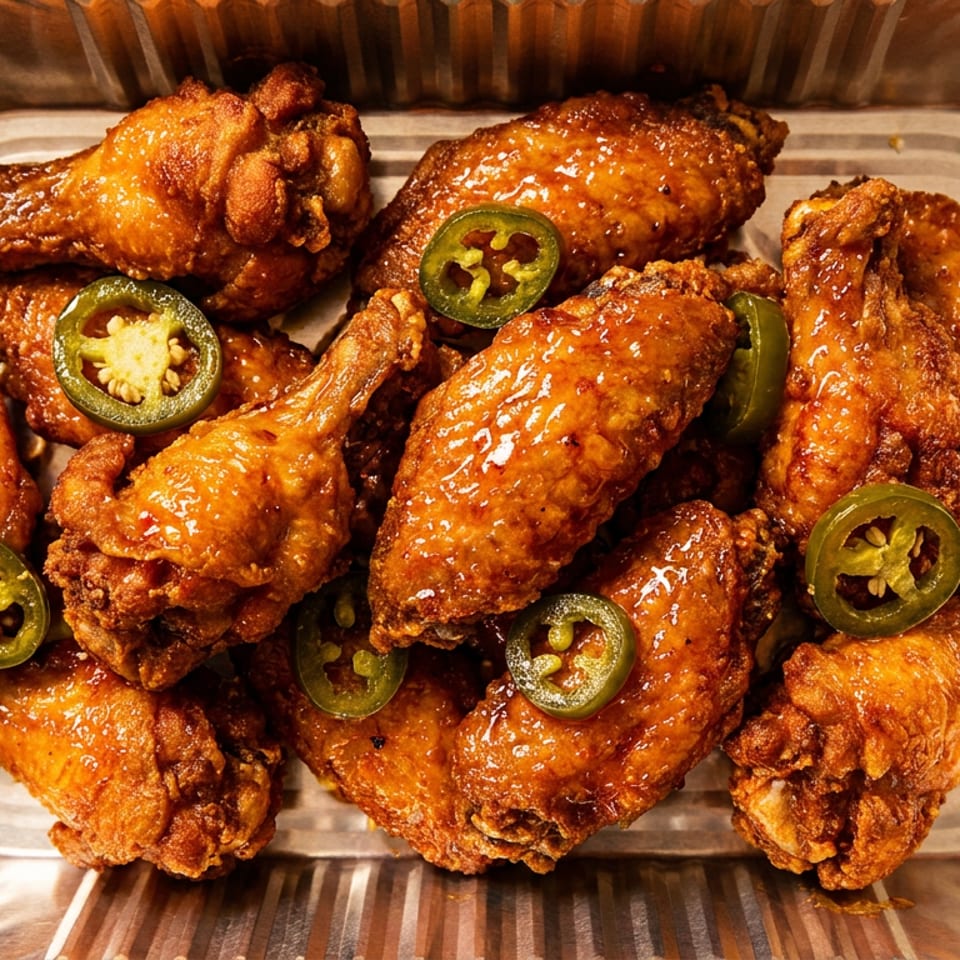 Crispy, glazed chicken wings with sliced jalapeños in a silver foil takeout container.
