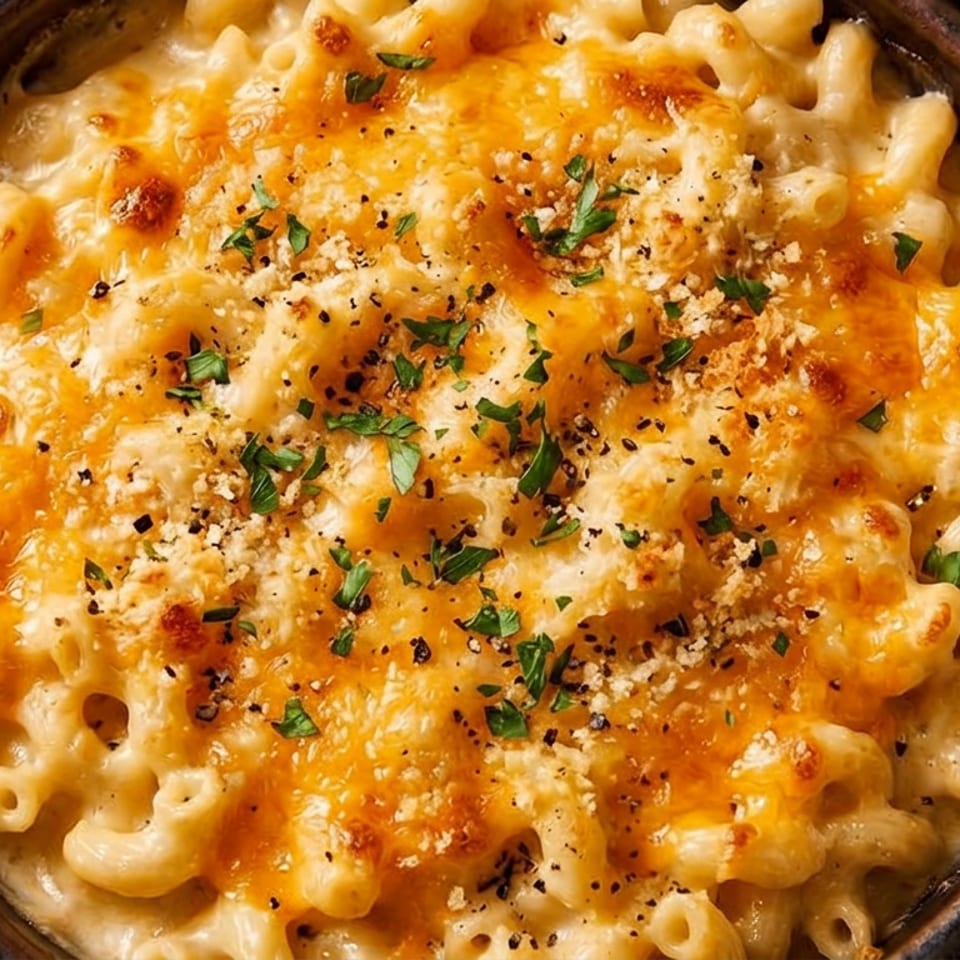 Baked macaroni and cheese in a dark bowl, topped with melted cheese, breadcrumbs, and parsley.