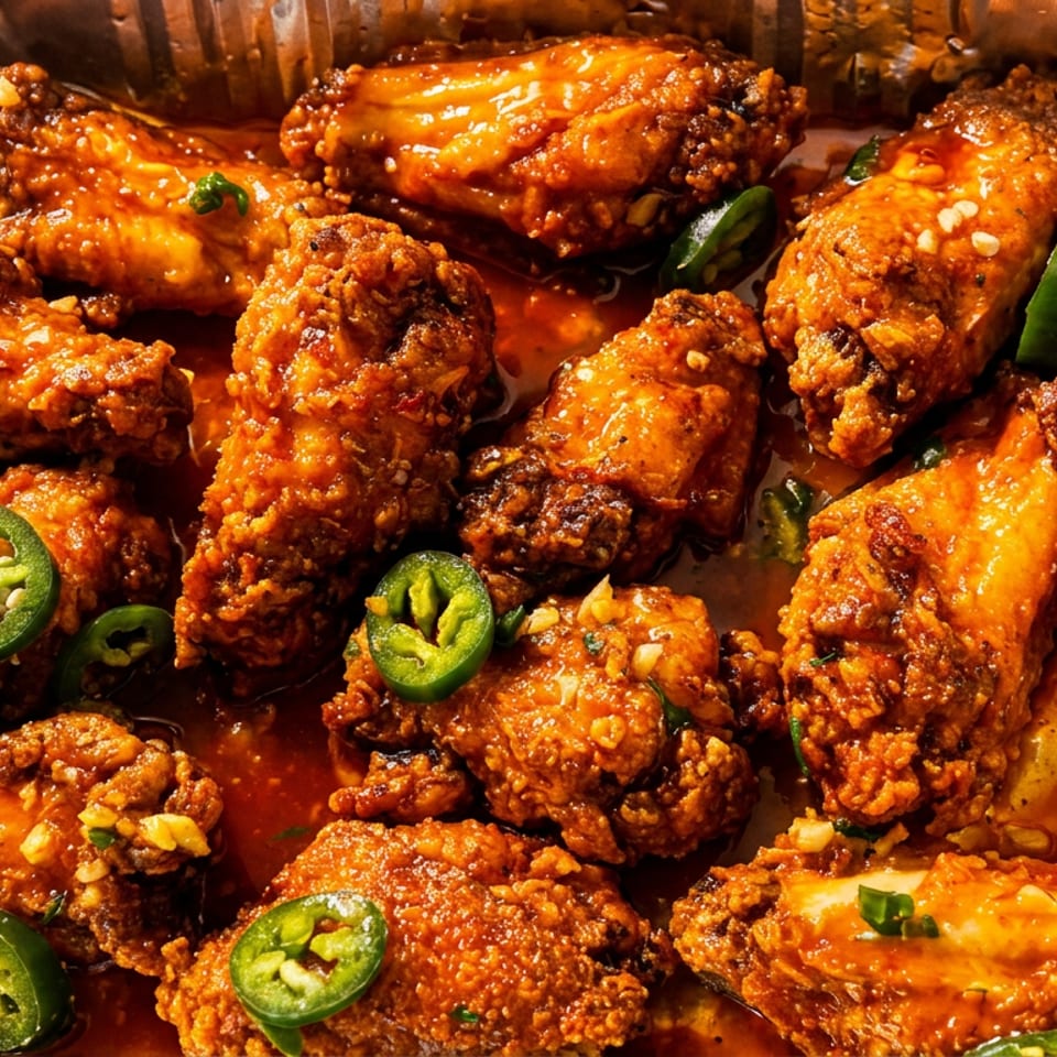 Crispy fried chicken wings coated in a spicy orange sauce, garnished with sliced jalapeños and green onions.