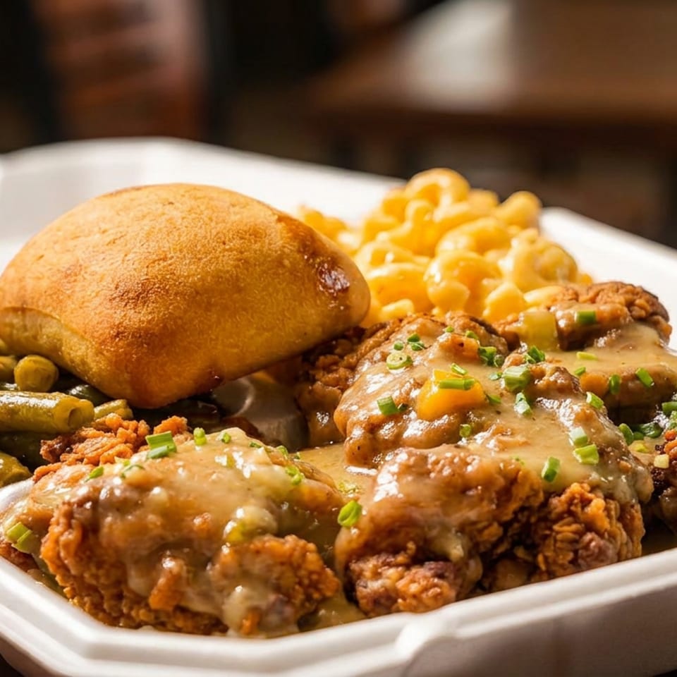 Fried chicken with gravy, green beans, mac and cheese, and a roll in a takeout container.